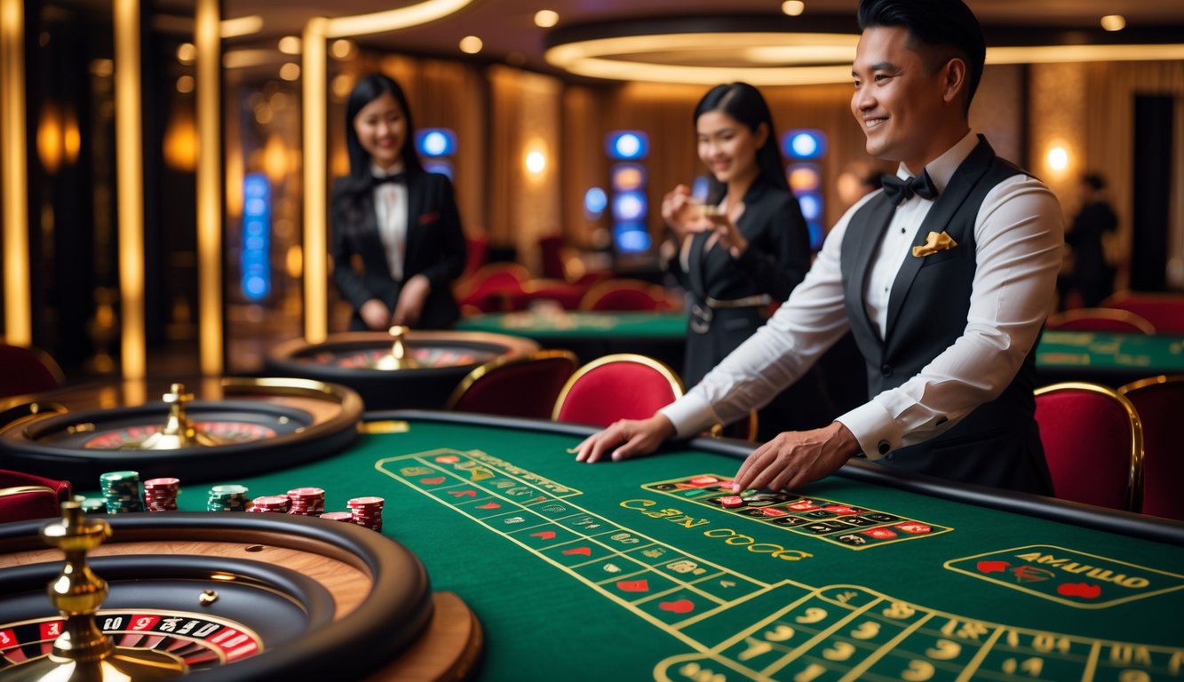 Suasana kasino langsung yang mewah dengan meja permainan dan dealer yang ramah di lingkungan yang hangat dan mengundang.