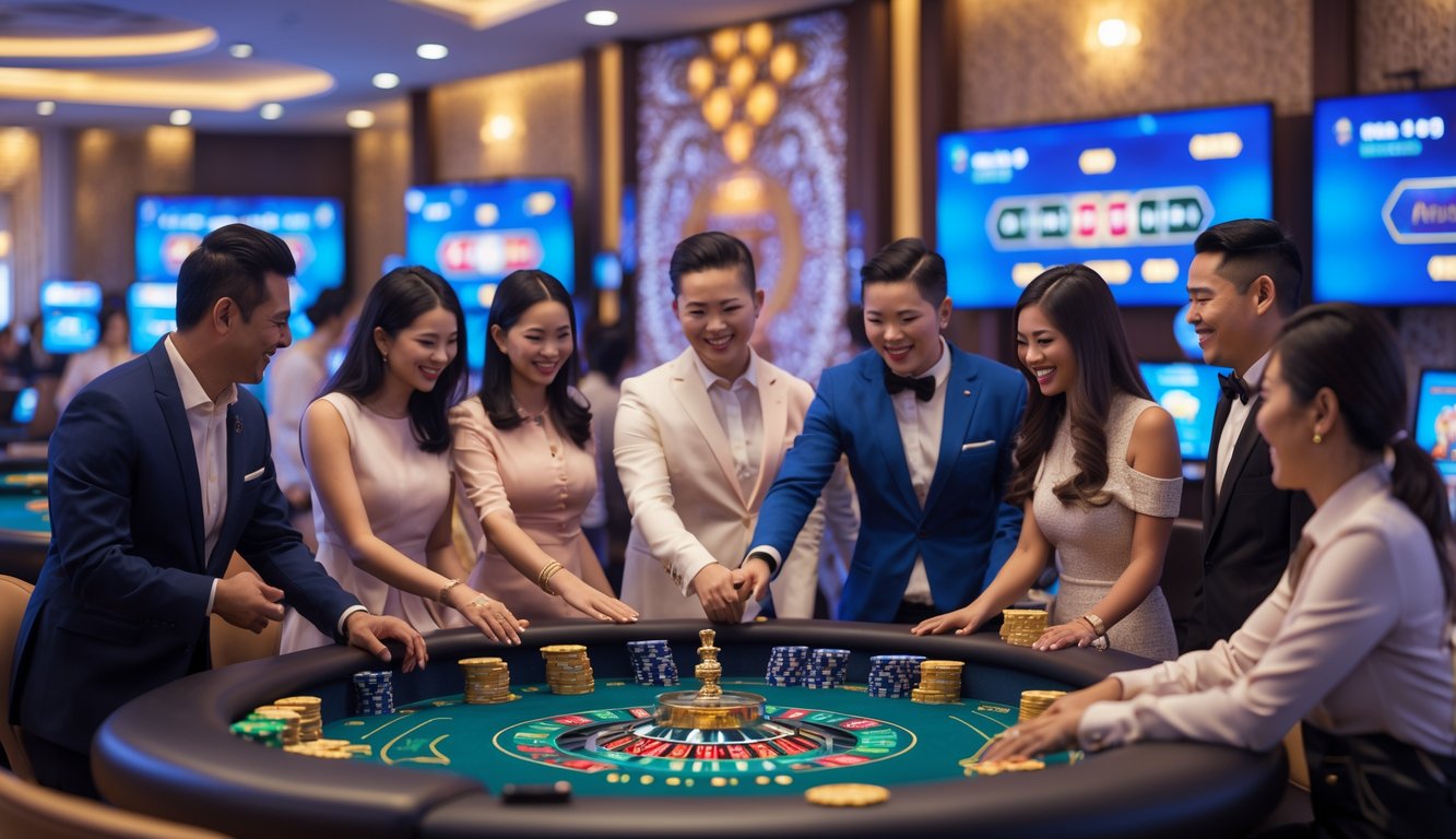 Suasana kasino langsung yang modern dengan pemain dan dealer berinteraksi di meja permainan, menampilkan suasana yang hidup dan ramah.