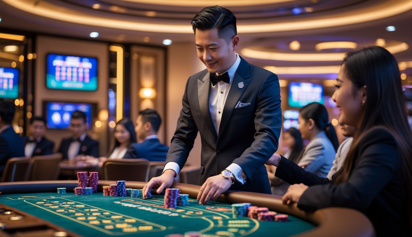 Seorang dealer berjubah resmi sedang mengelola meja permainan kasino langsung dengan pemain yang menikmati permainan di lingkungan kasino mewah.