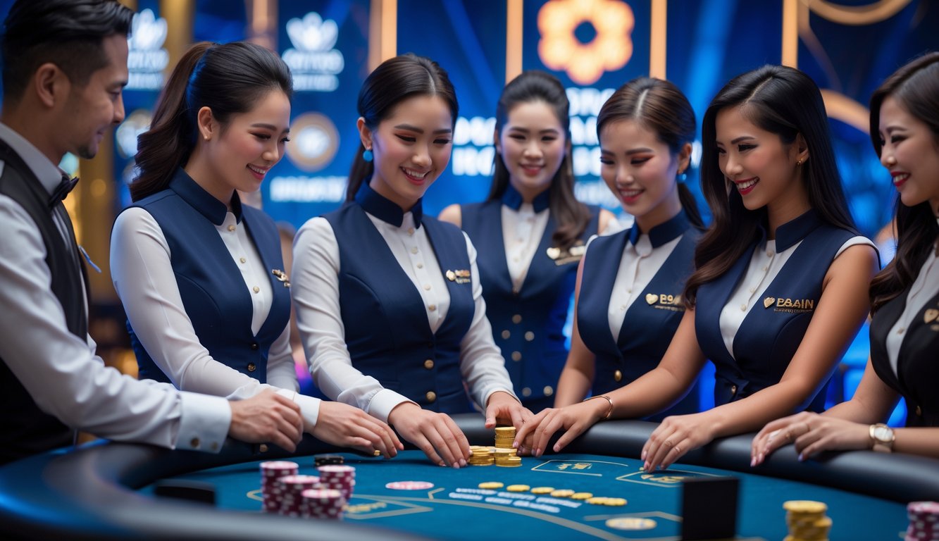 Suasana kasino langsung dengan dealer profesional yang melayani pemain di meja permainan dengan kartu dan chip.