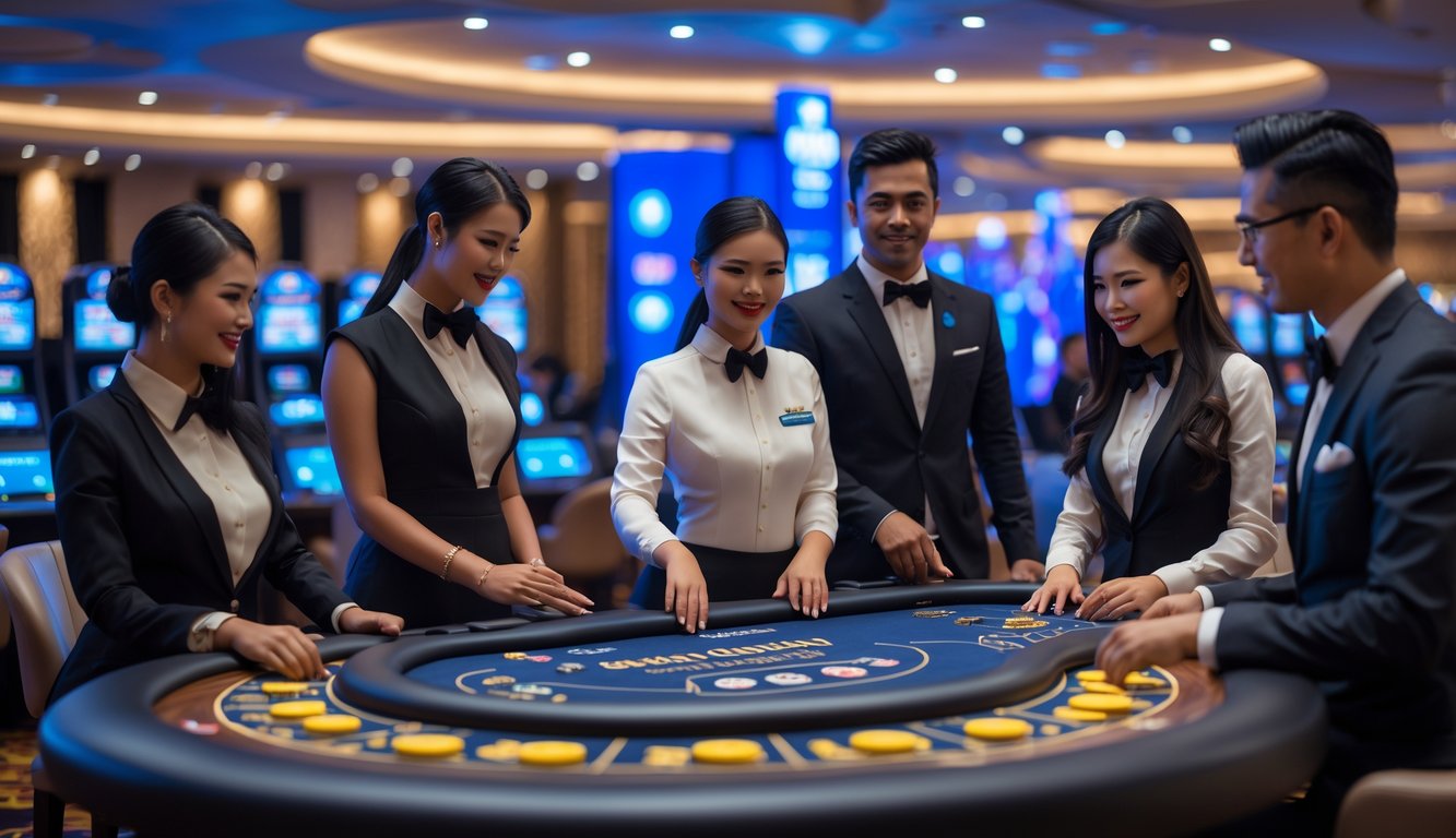 Suasana kasino langsung dengan dealer profesional yang ramah dan pemain di meja permainan modern.