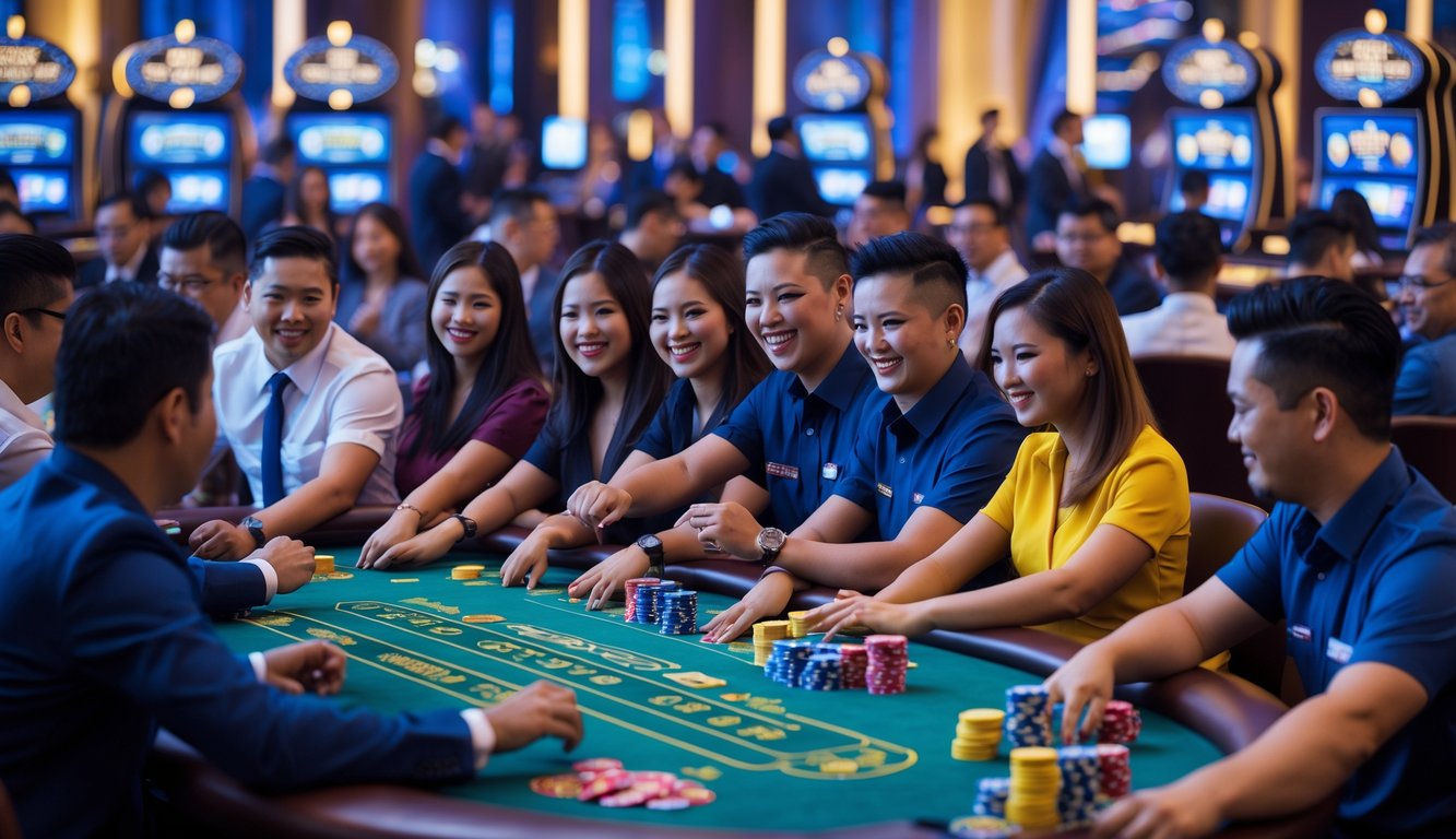 Suasana kasino langsung yang ramai dengan pemain dan dealer di meja permainan, menampilkan aktivitas permainan kasino populer.