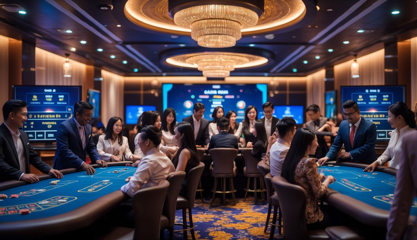 Sejumlah pemain sedang bermain di meja kasino langsung Dream Gaming dengan suasana yang ramai dan modern.