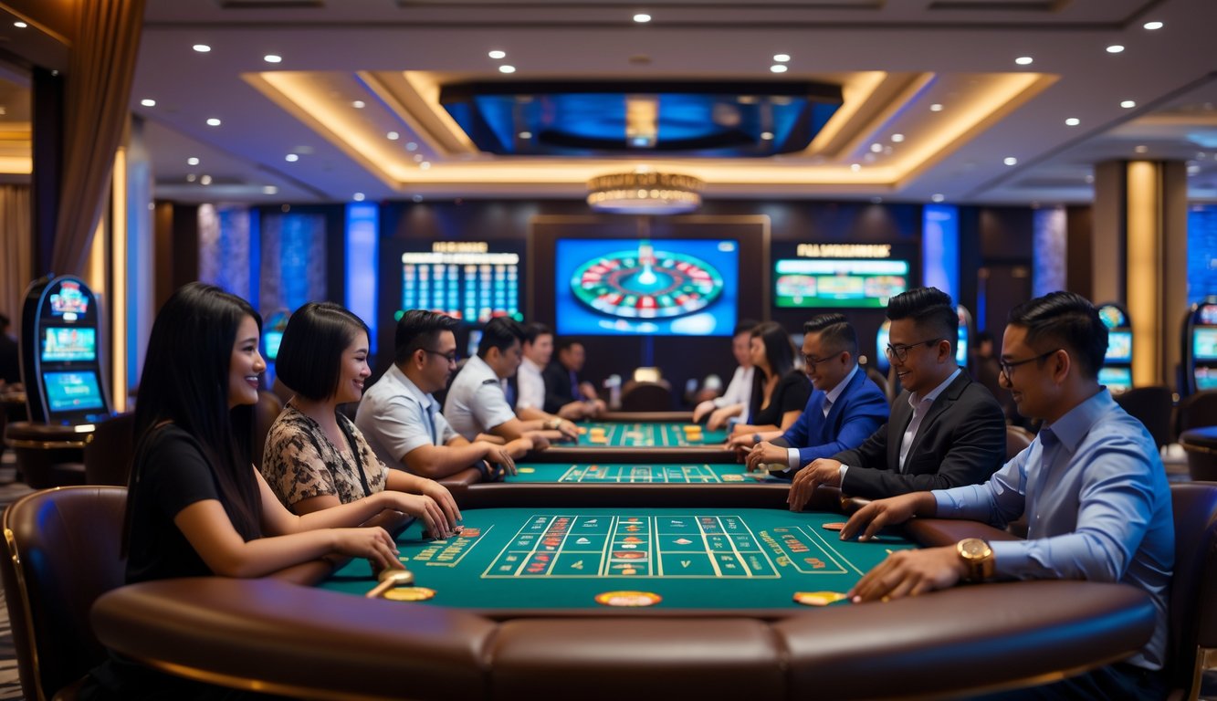 Orang-orang bermain di meja kasino langsung dengan dealer di ruangan kasino yang nyaman dan aman.