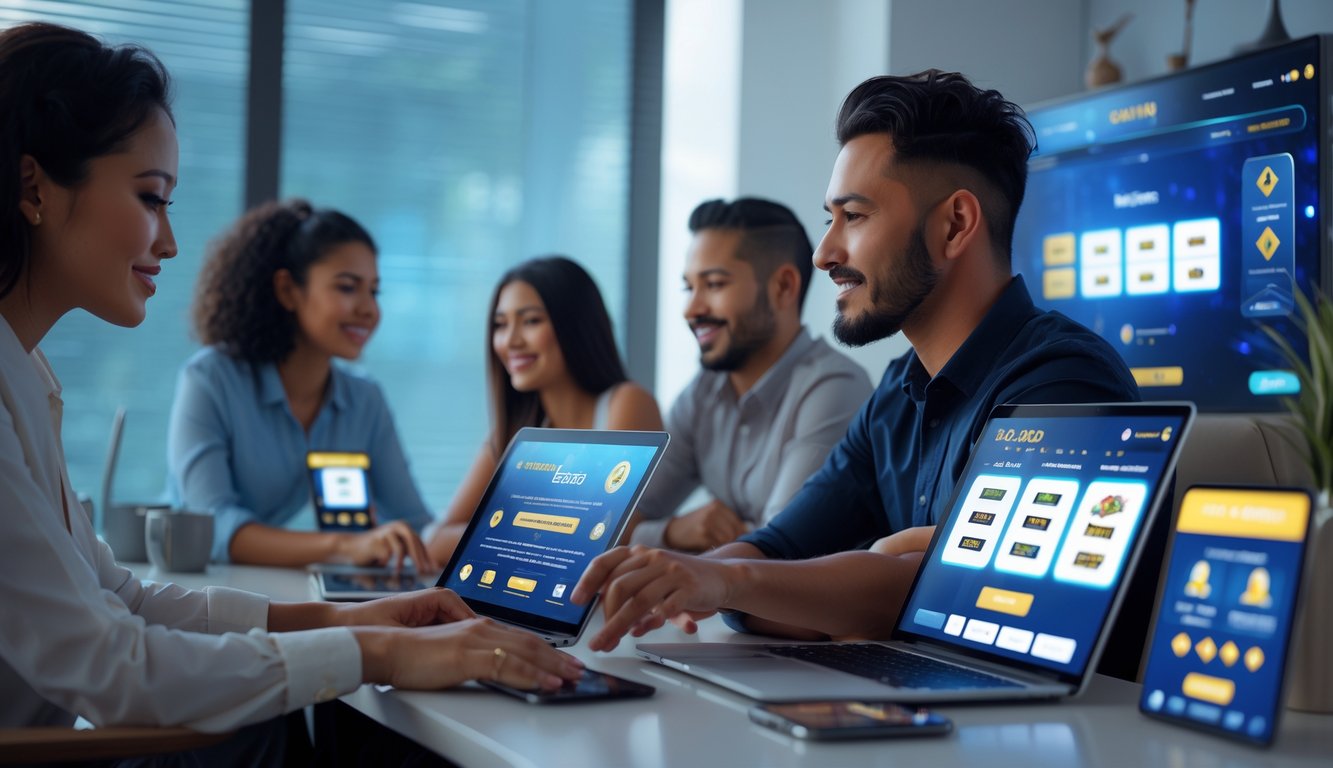 Sekelompok orang sedang menggunakan perangkat digital untuk bermain live casino secara online di ruang modern yang nyaman.