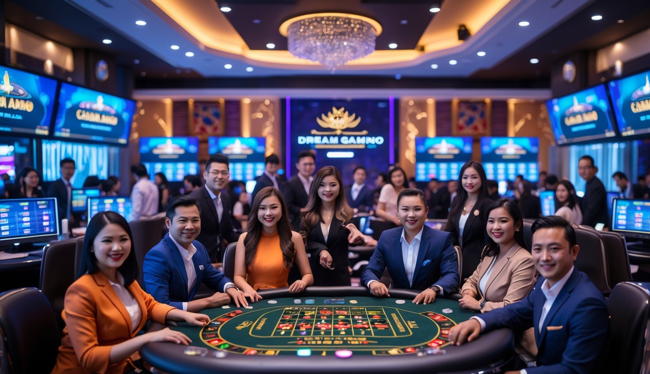 Orang-orang bermain di meja kasino langsung dengan dealer profesional dan layar streaming permainan di latar belakang.