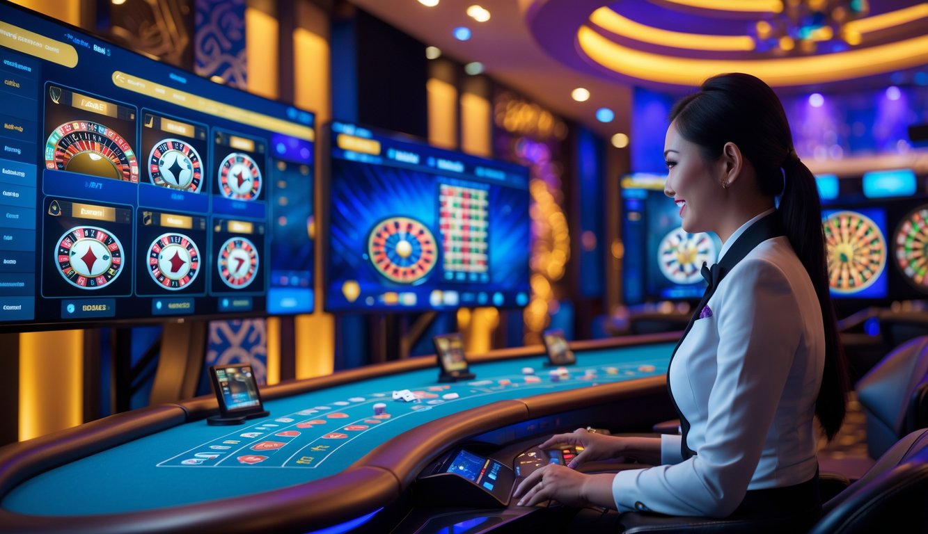 Seorang dealer wanita di studio kasino langsung yang modern dengan layar menampilkan permainan kartu dan roda roulette, suasana hidup dan menarik.