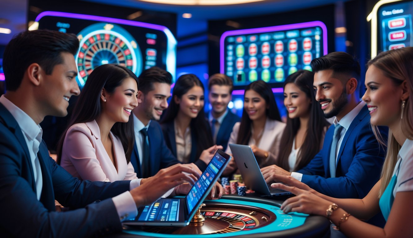 Beberapa orang muda sedang bermain permainan kasino langsung secara online dengan perangkat digital di lingkungan kasino modern.