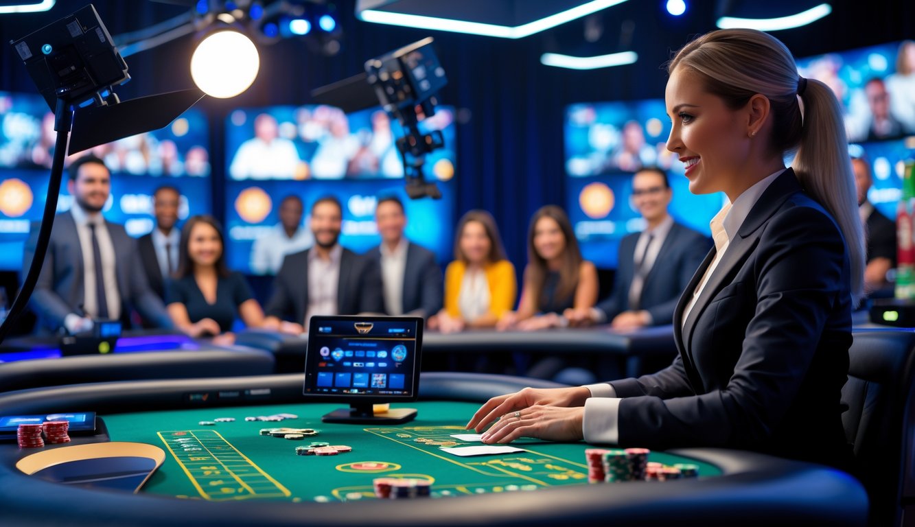 Seorang dealer wanita profesional di meja kasino langsung dengan peralatan streaming dan pemain yang terlihat di layar digital.