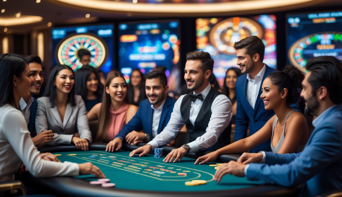 Orang-orang bermain di meja kasino langsung dengan dealer di ruang kasino yang terang dan modern.