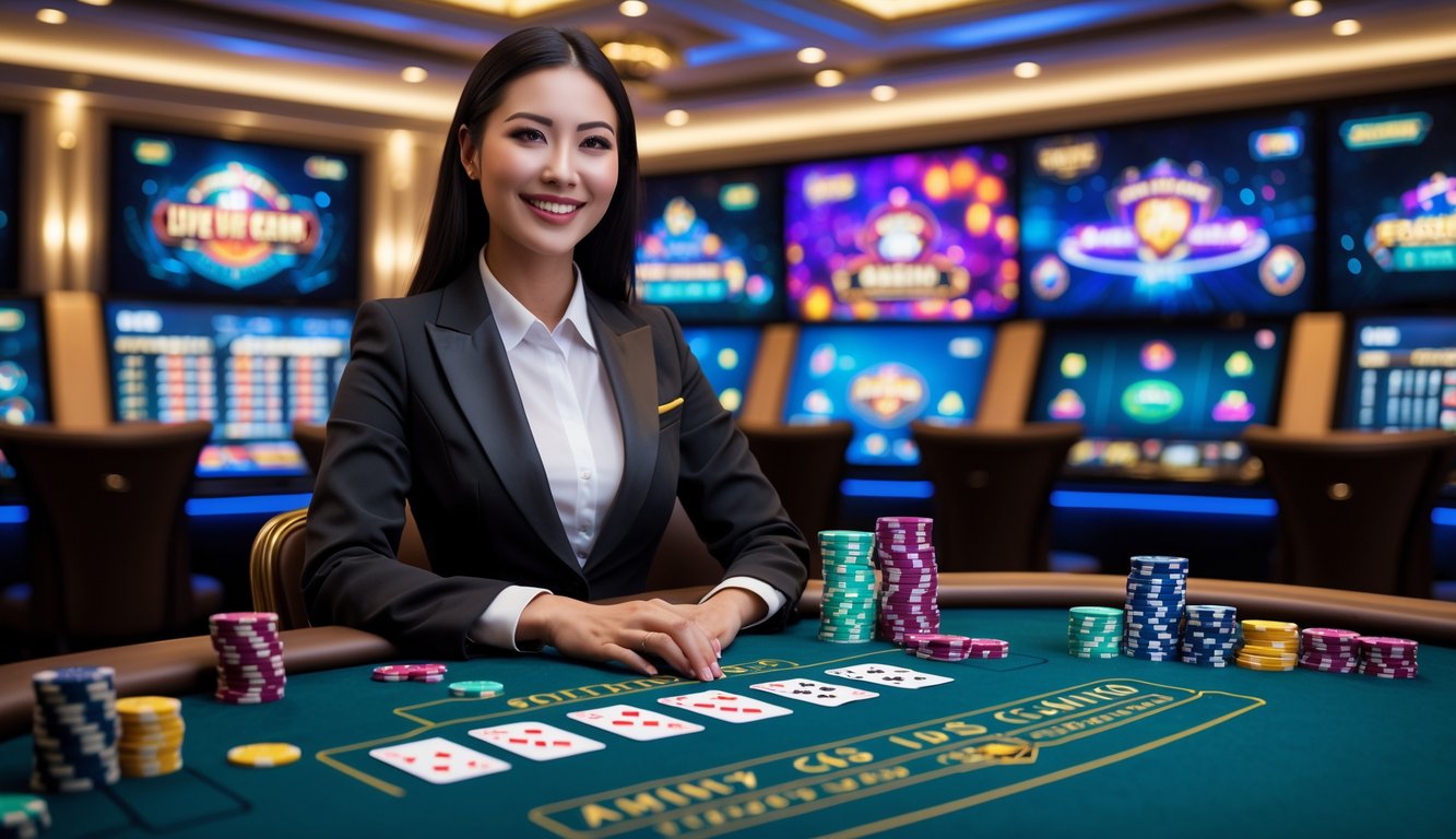 Seorang dealer wanita tersenyum di meja permainan kasino langsung dengan layar besar menampilkan permainan kasino di latar belakang.