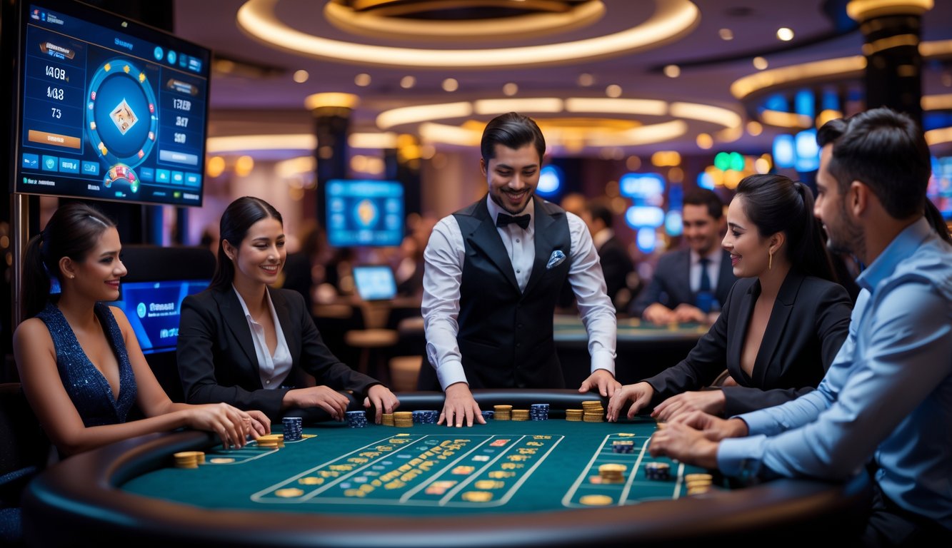 Suasana kasino langsung dengan dealer dan pemain yang fokus di meja permainan, dilengkapi layar digital dan peralatan kasino.