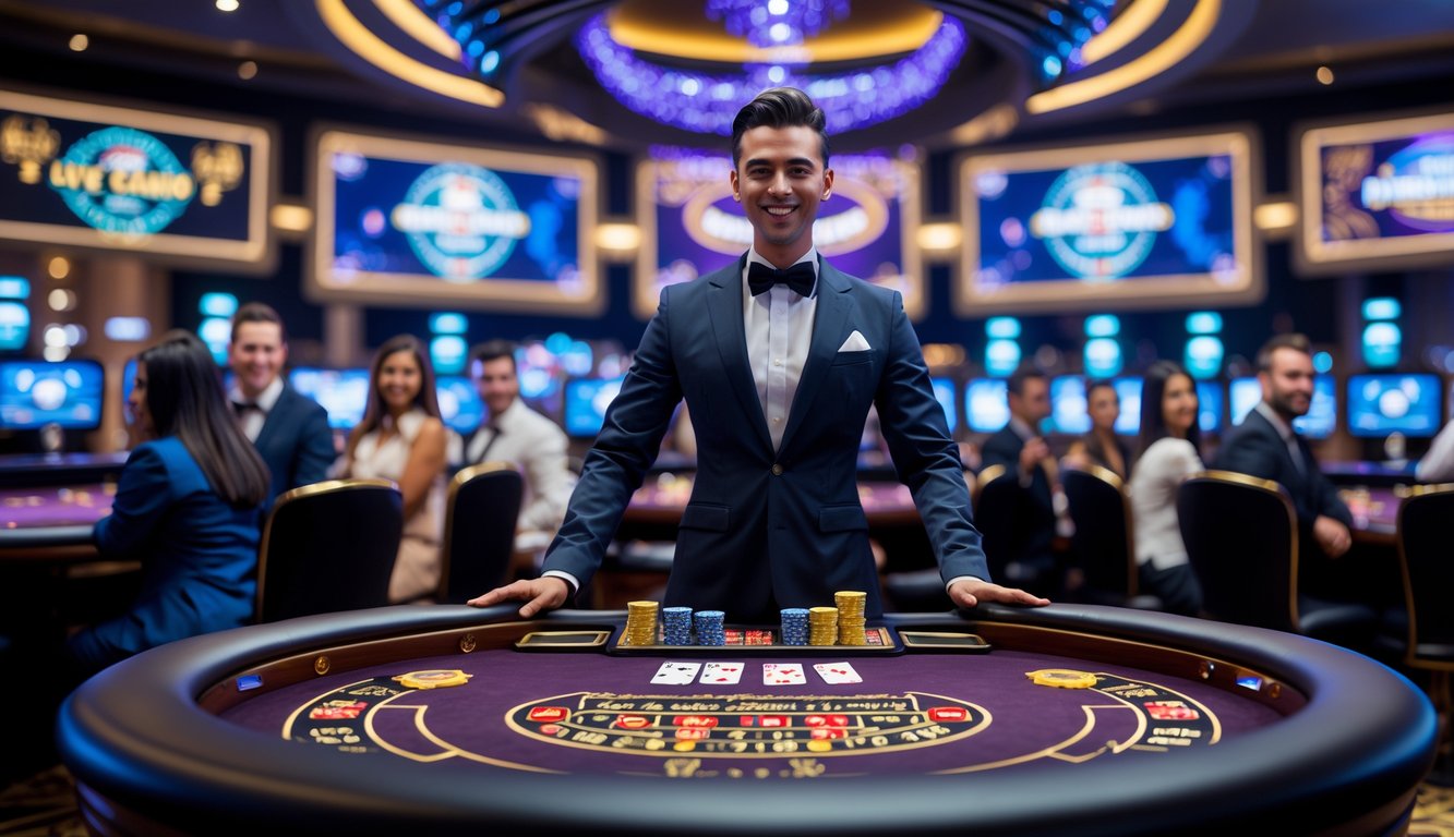 Seorang dealer kasino profesional berdiri di belakang meja permainan dengan kartu dan chip, dikelilingi oleh pemain yang sedang bermain dalam suasana kasino langsung yang ramai.