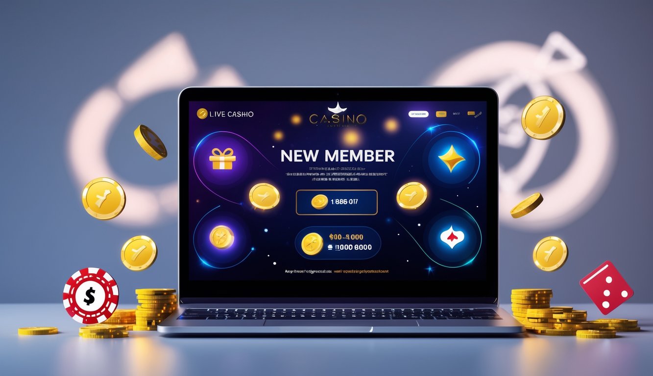 Sebuah komputer menampilkan permainan kasino langsung dengan ikon bonus di sekitar, di ruang yang elegan dan modern.