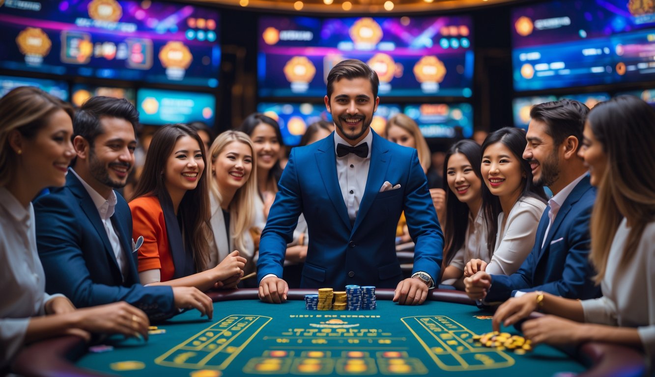 Seorang dealer profesional di meja kasino hidup dengan pemain yang tersenyum dan layar besar menampilkan permainan kasino langsung di latar belakang.