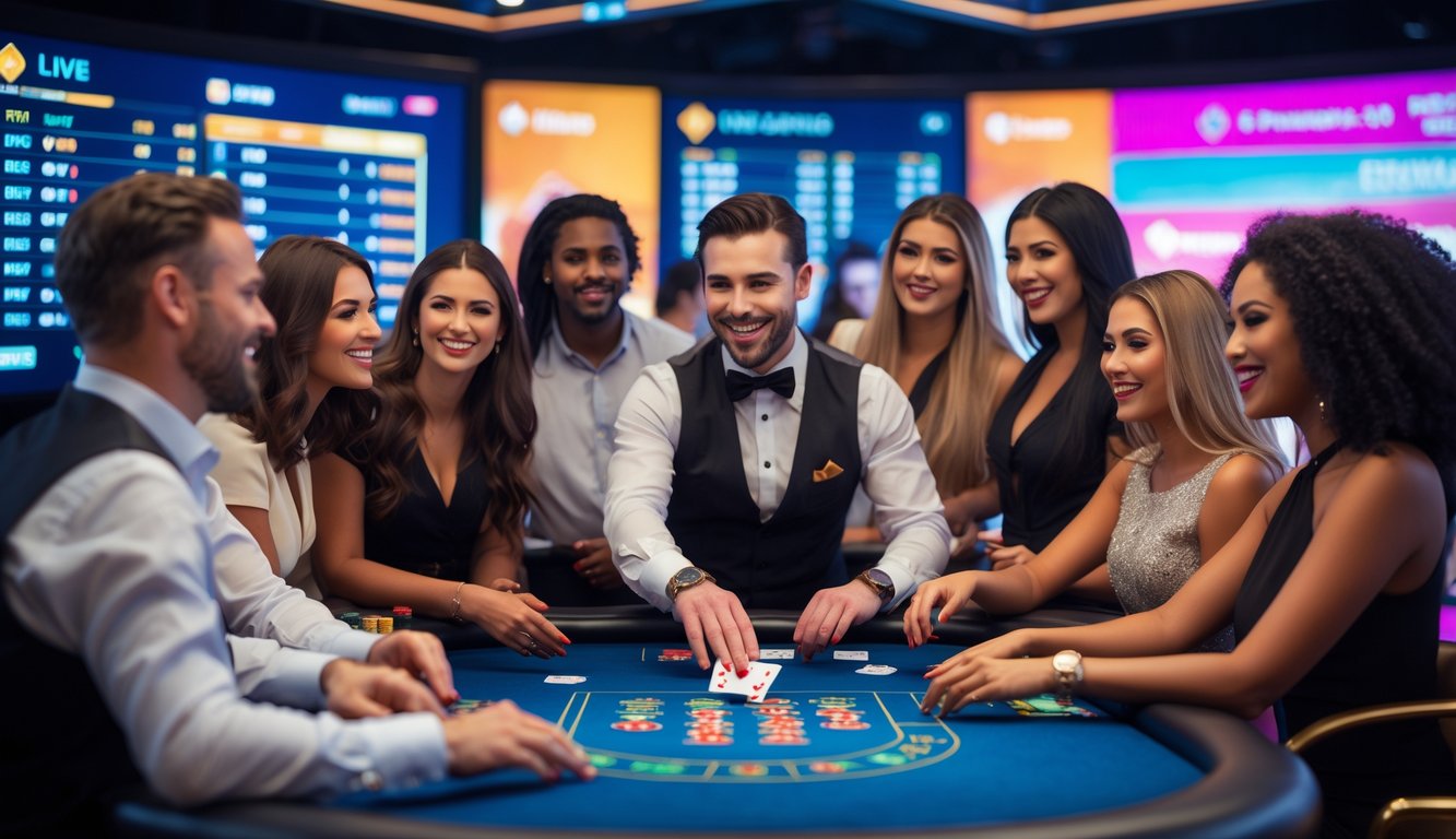 Beberapa pemain dan dealer kasino sedang bermain di meja kasino dengan layar digital di latar belakang.