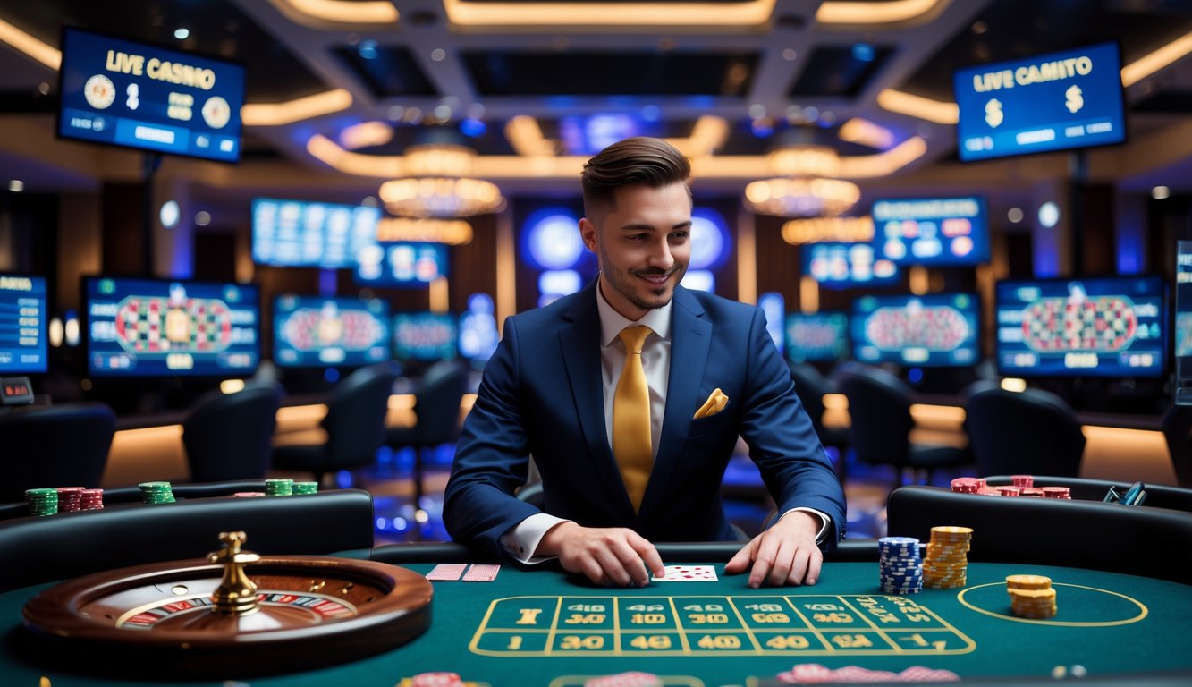 Seorang dealer kasino profesional di studio kasino dengan layar digital menampilkan permainan kasino langsung.