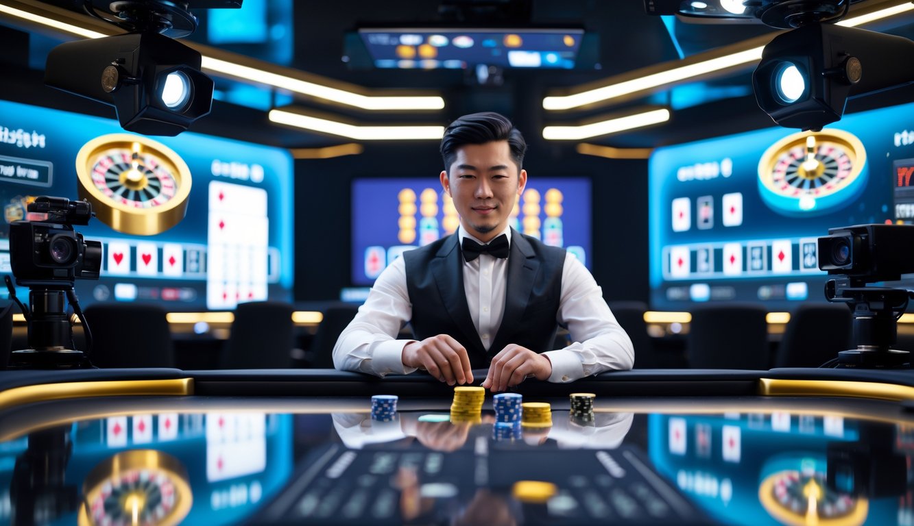 Seorang dealer kasino live pria sedang menjalankan permainan di studio modern dengan peralatan teknologi tinggi dan latar belakang elemen permainan kasino.