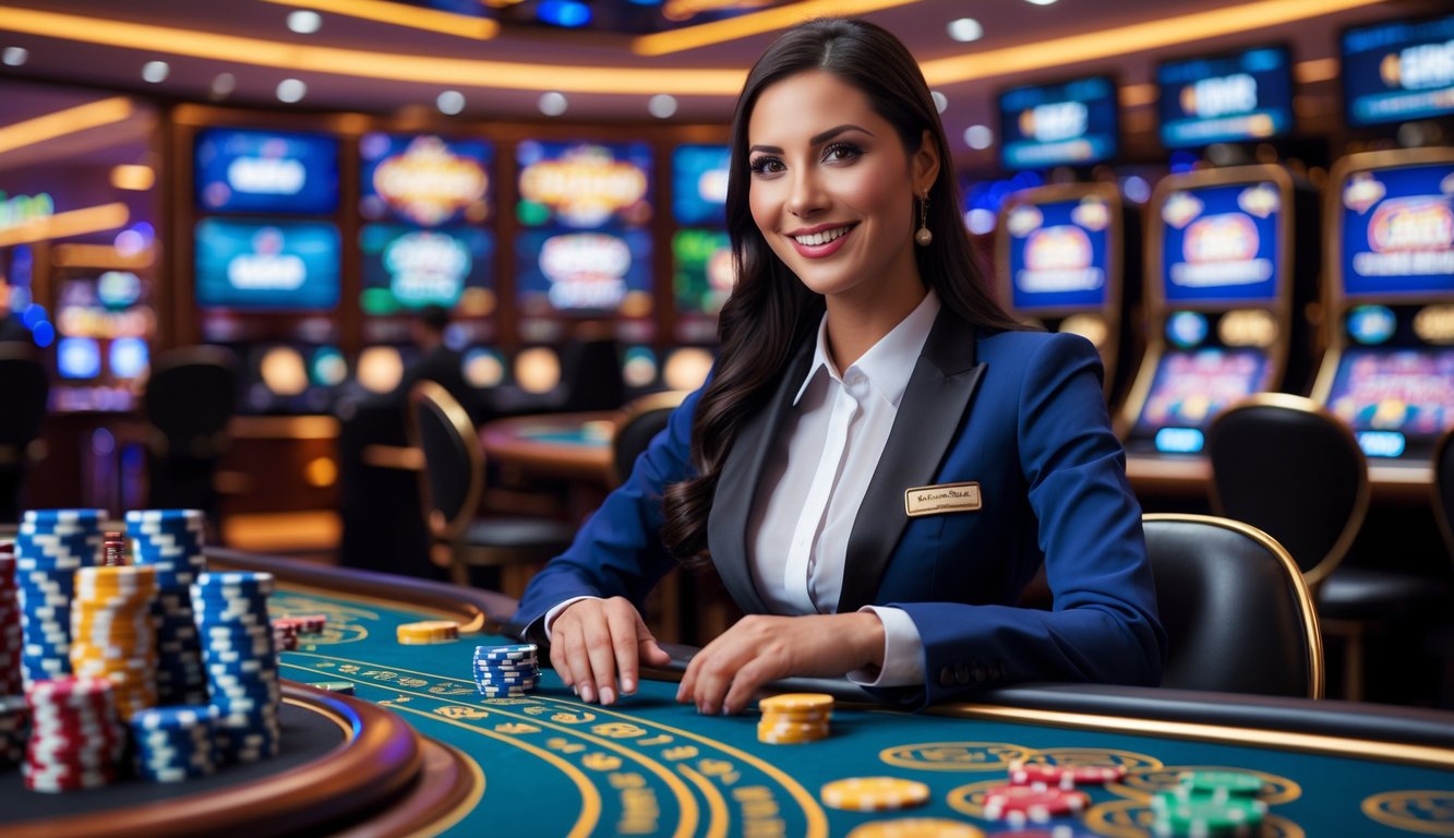 Seorang dealer kasino profesional tersenyum di meja kasino dengan chip dan kartu, dikelilingi oleh permainan kasino dan layar digital.
