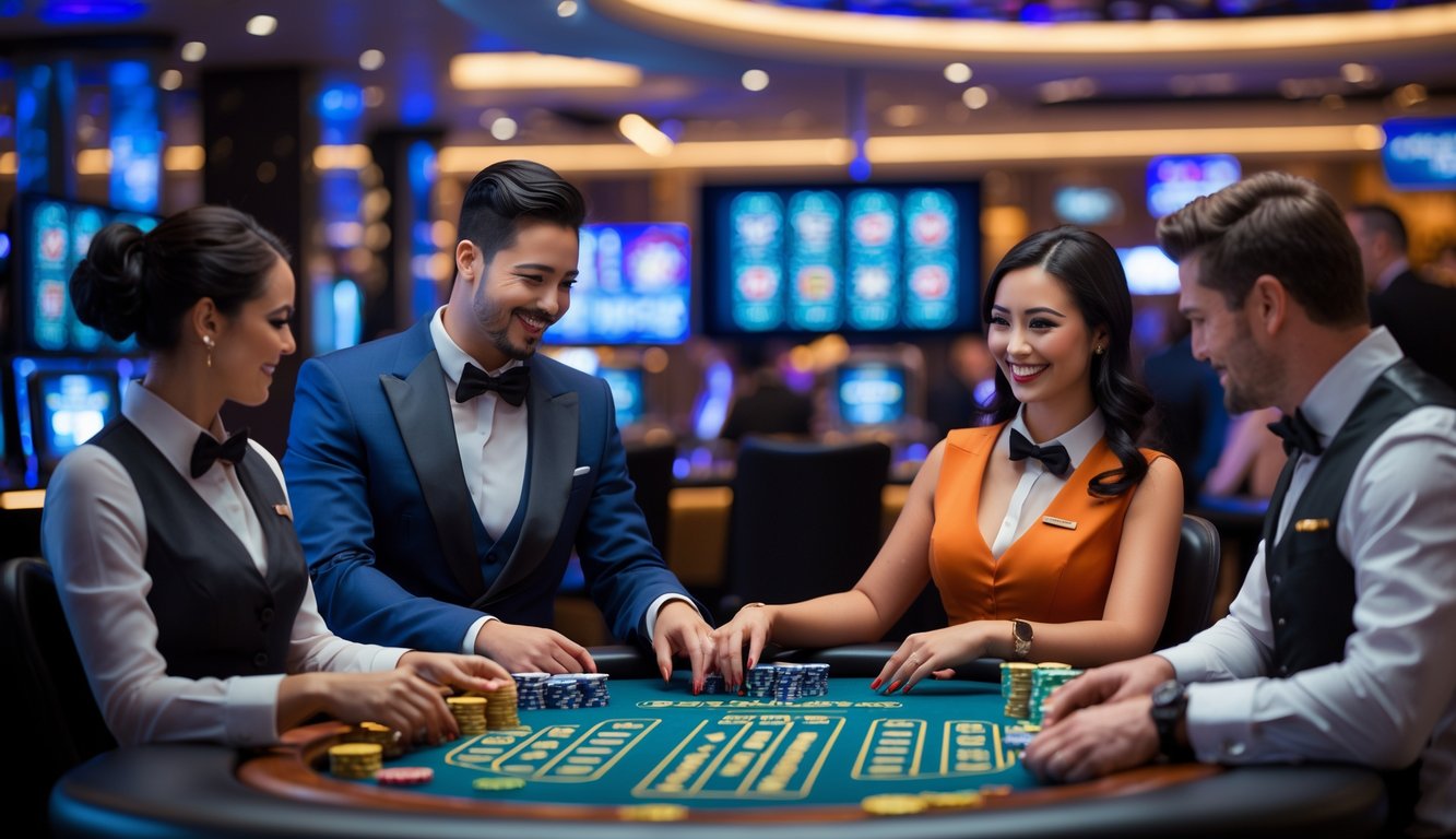 Suasana kasino langsung dengan dealer profesional yang sedang berinteraksi di meja permainan lengkap dengan kartu dan chip.