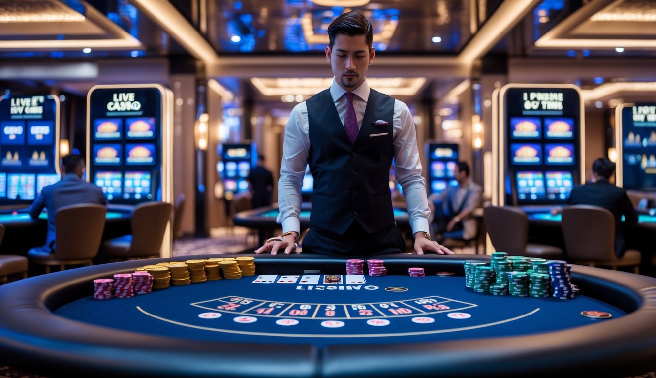 Suasana meja kasino langsung dengan dealer dan pemain di lingkungan kasino modern yang elegan.