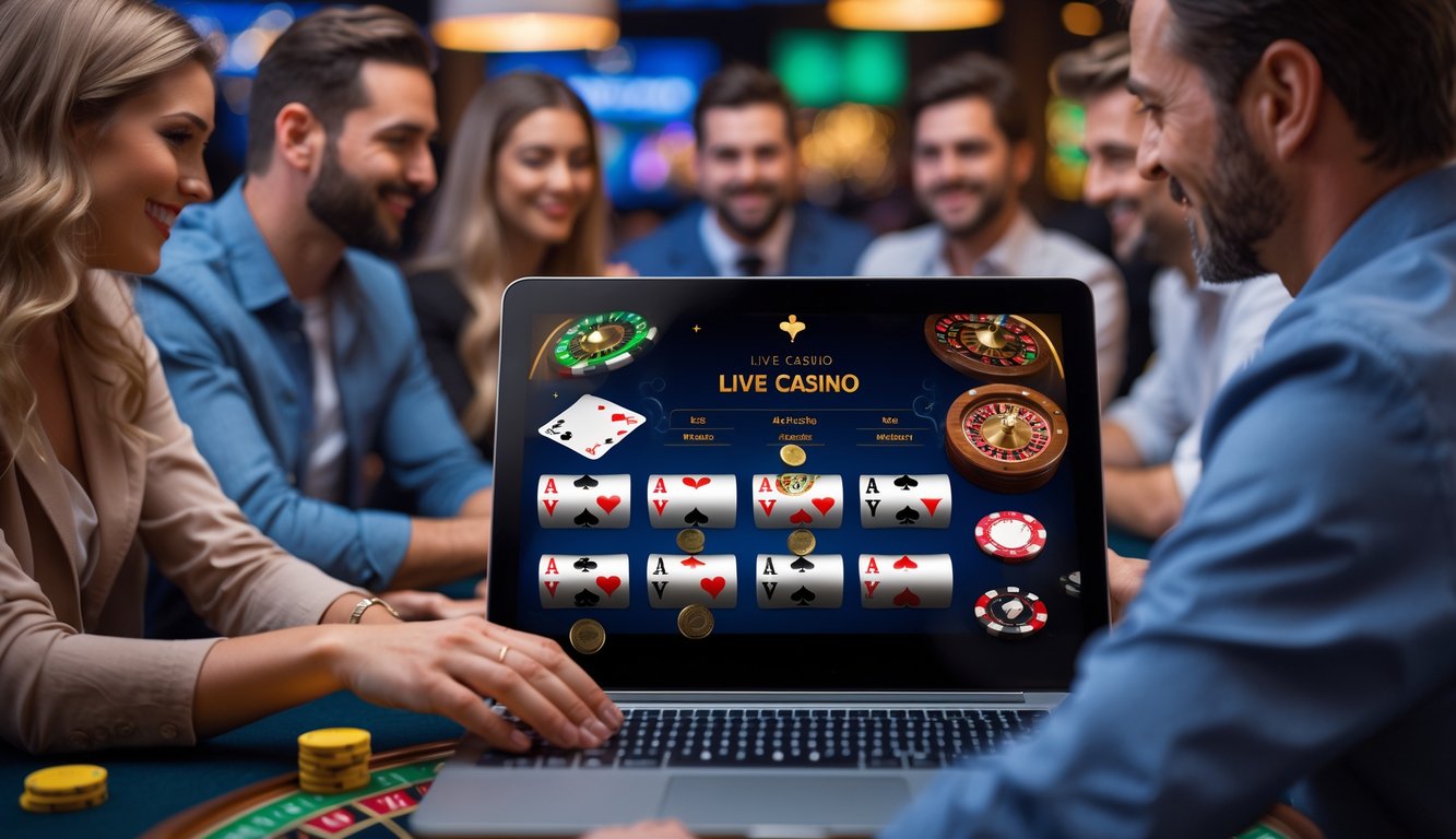 Orang-orang menggunakan perangkat digital untuk bermain live casino di ruangan dengan elemen kasino seperti kartu dan chip di latar belakang.