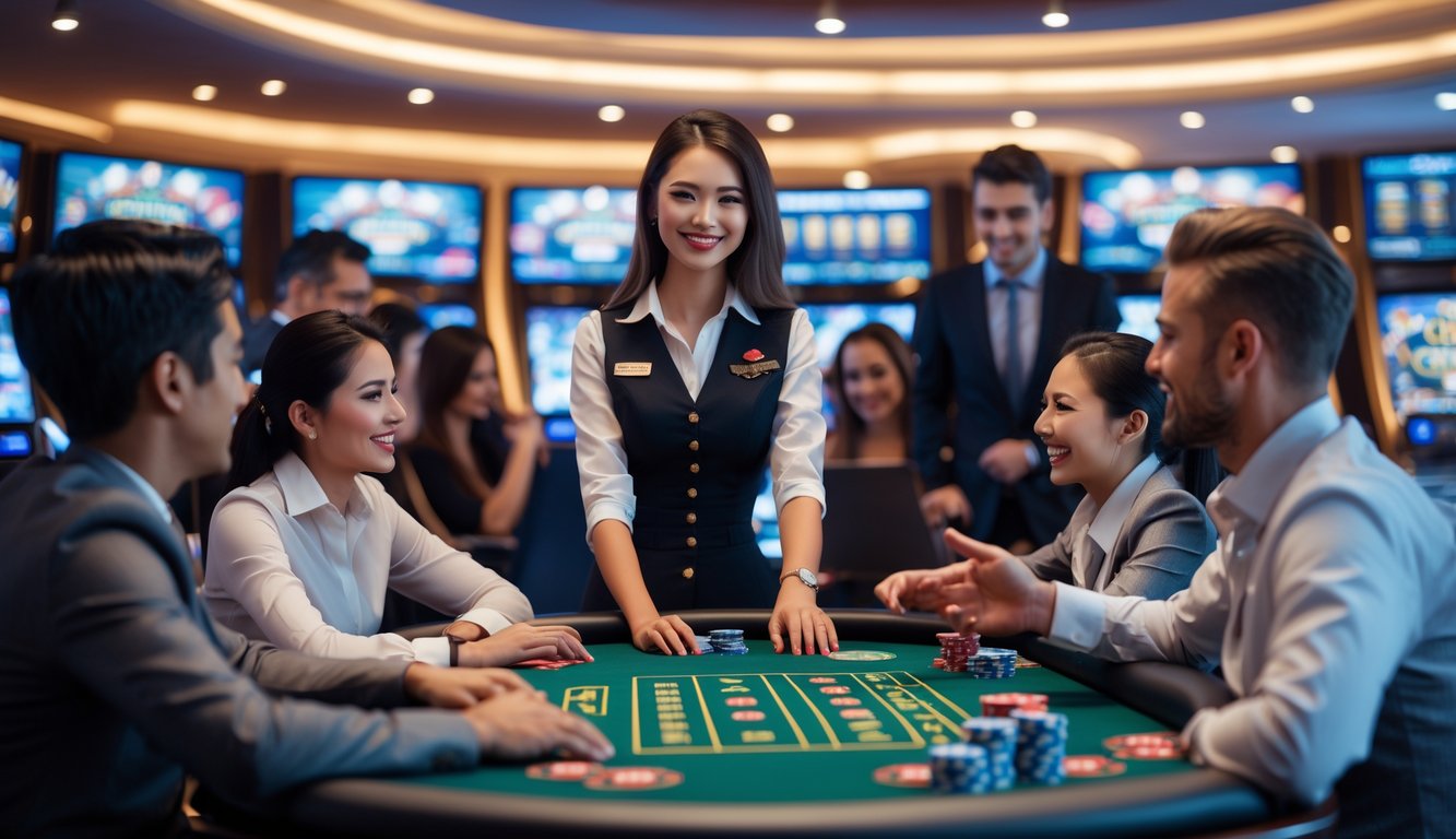 Suasana kasino langsung dengan dealer dan pemain yang sedang bermain di meja permainan.