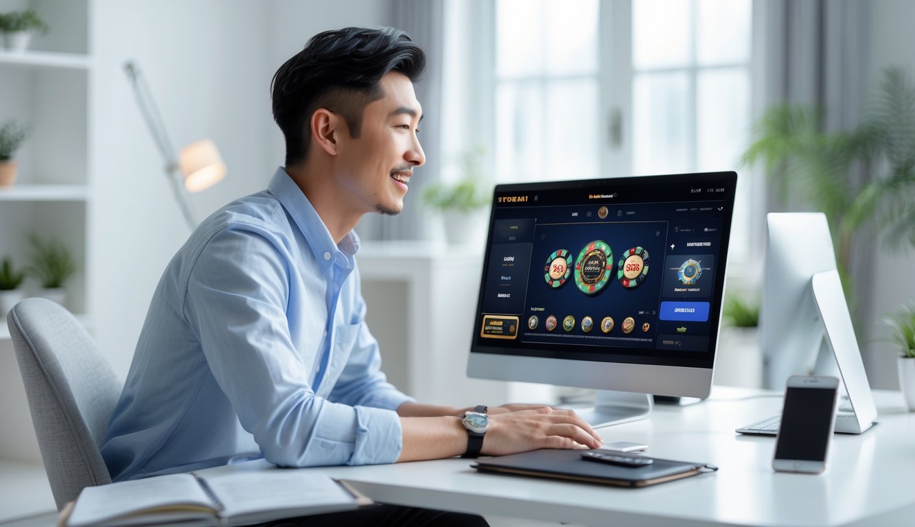 Seorang pria muda duduk di depan laptop di ruang kerja rumah yang terang, fokus menggunakan situs kasino langsung.