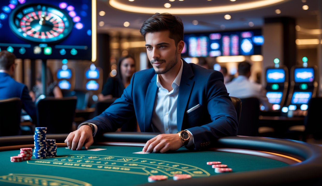 Seorang pria muda duduk di meja kasino langsung, fokus bermain dengan dealer di layar besar, dikelilingi oleh suasana kasino modern.