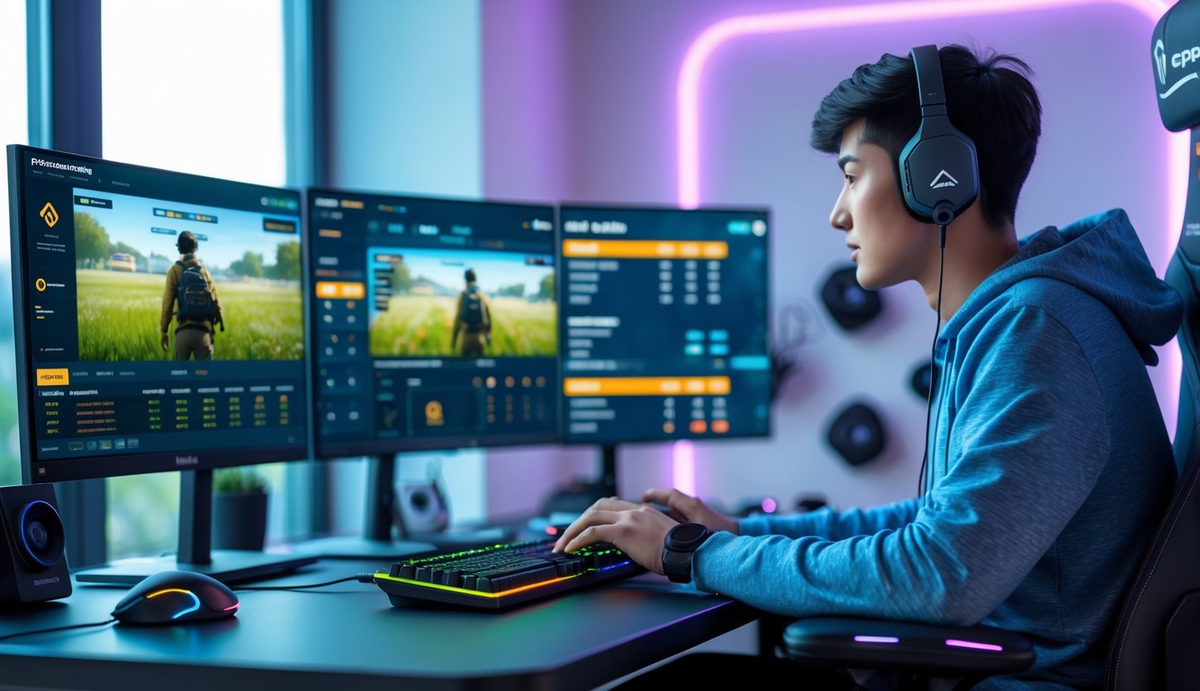 Seorang pemuda duduk di depan komputer dengan beberapa monitor yang menampilkan permainan PUBG dan grafik taruhan, di ruang kerja yang rapi dan terang.