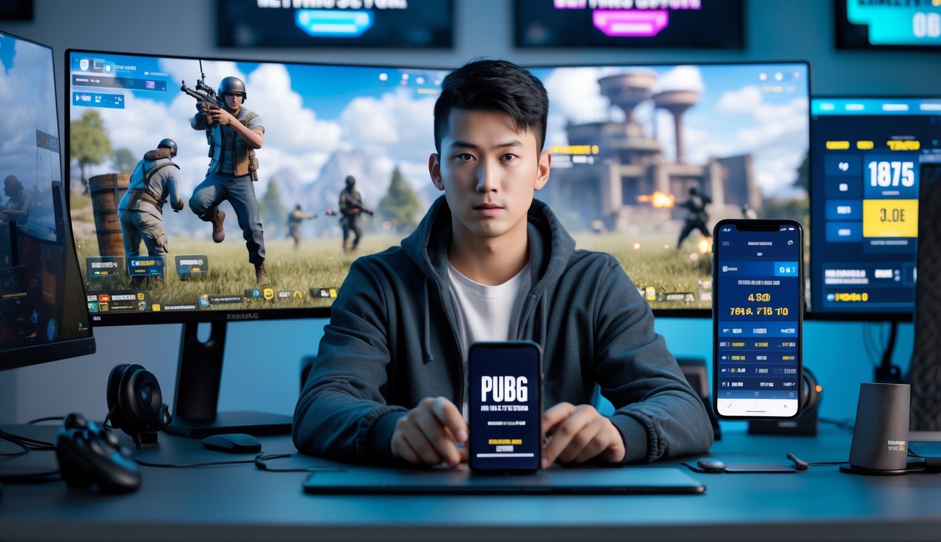 Seorang pria muda fokus menggunakan laptop dan ponsel di meja dengan layar menampilkan permainan PUBG dan data taruhan esports.