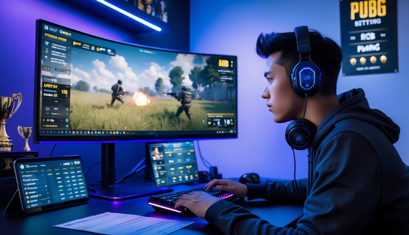 Seorang pria muda fokus bermain PUBG di meja gaming dengan monitor besar dan perangkat gaming, di sekitar terdapat catatan strategi dan smartphone yang menampilkan informasi taruhan esports.
