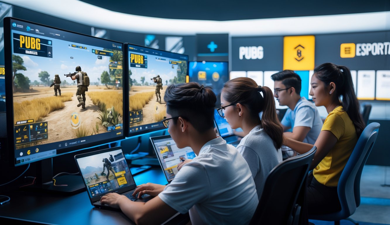 Sekelompok orang muda sedang bermain dan bertaruh pada permainan PUBG online menggunakan komputer dan ponsel di ruangan modern.