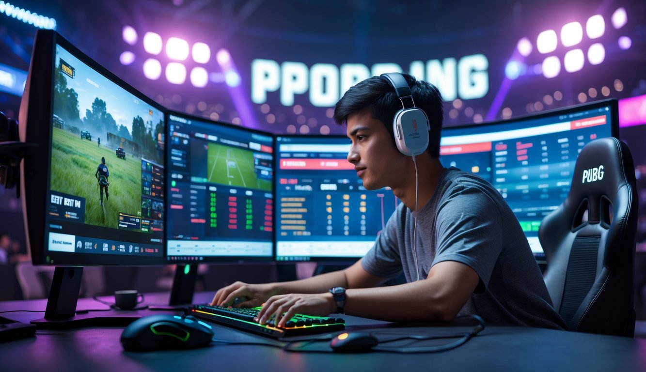 Seorang pemain muda sedang menggunakan komputer dengan layar menampilkan permainan PUBG dan grafik taruhan esports.