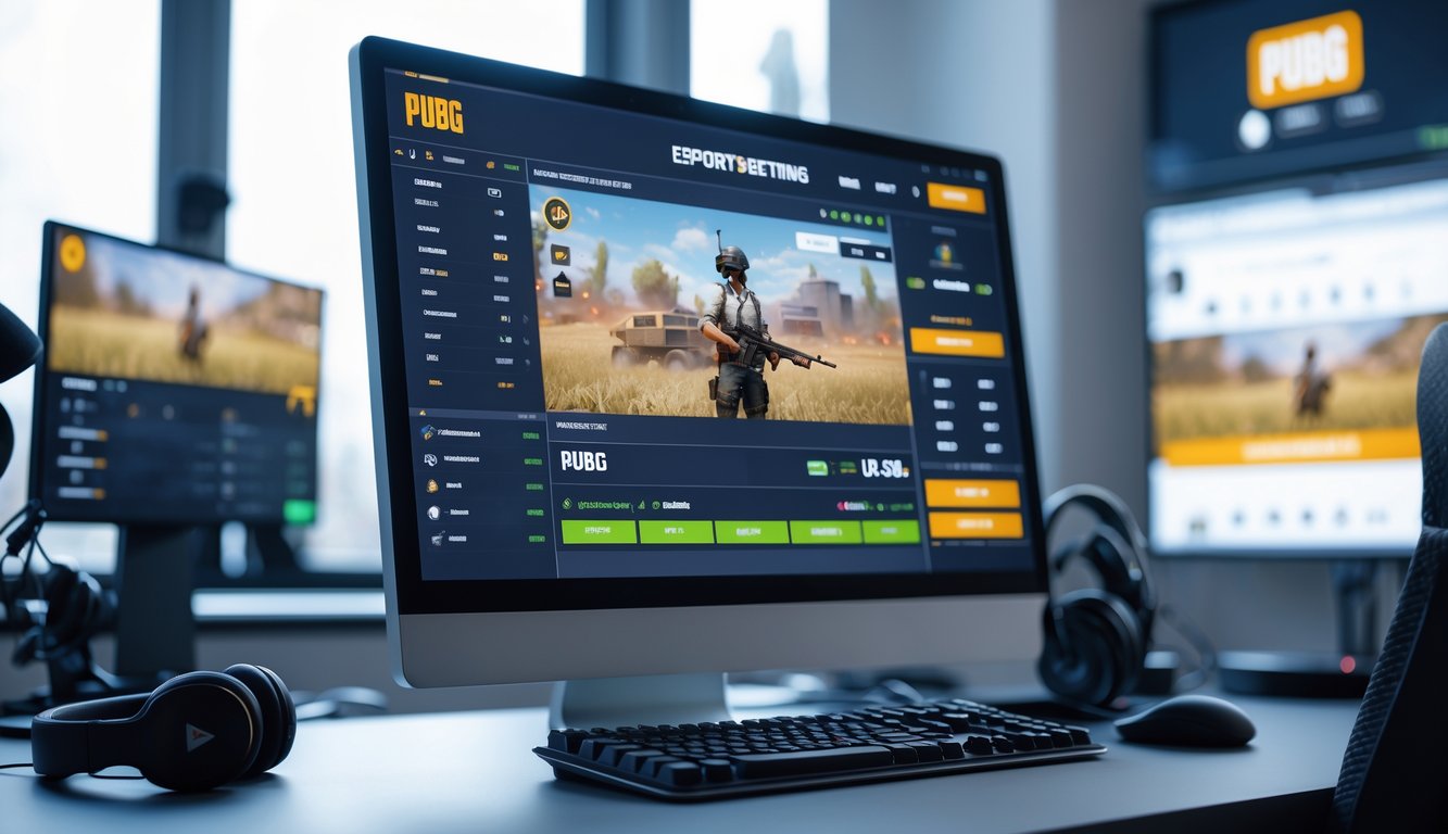 Seorang profesional sedang menggunakan komputer dengan tampilan taruhan esports PUBG dan peralatan gaming di meja kerja.