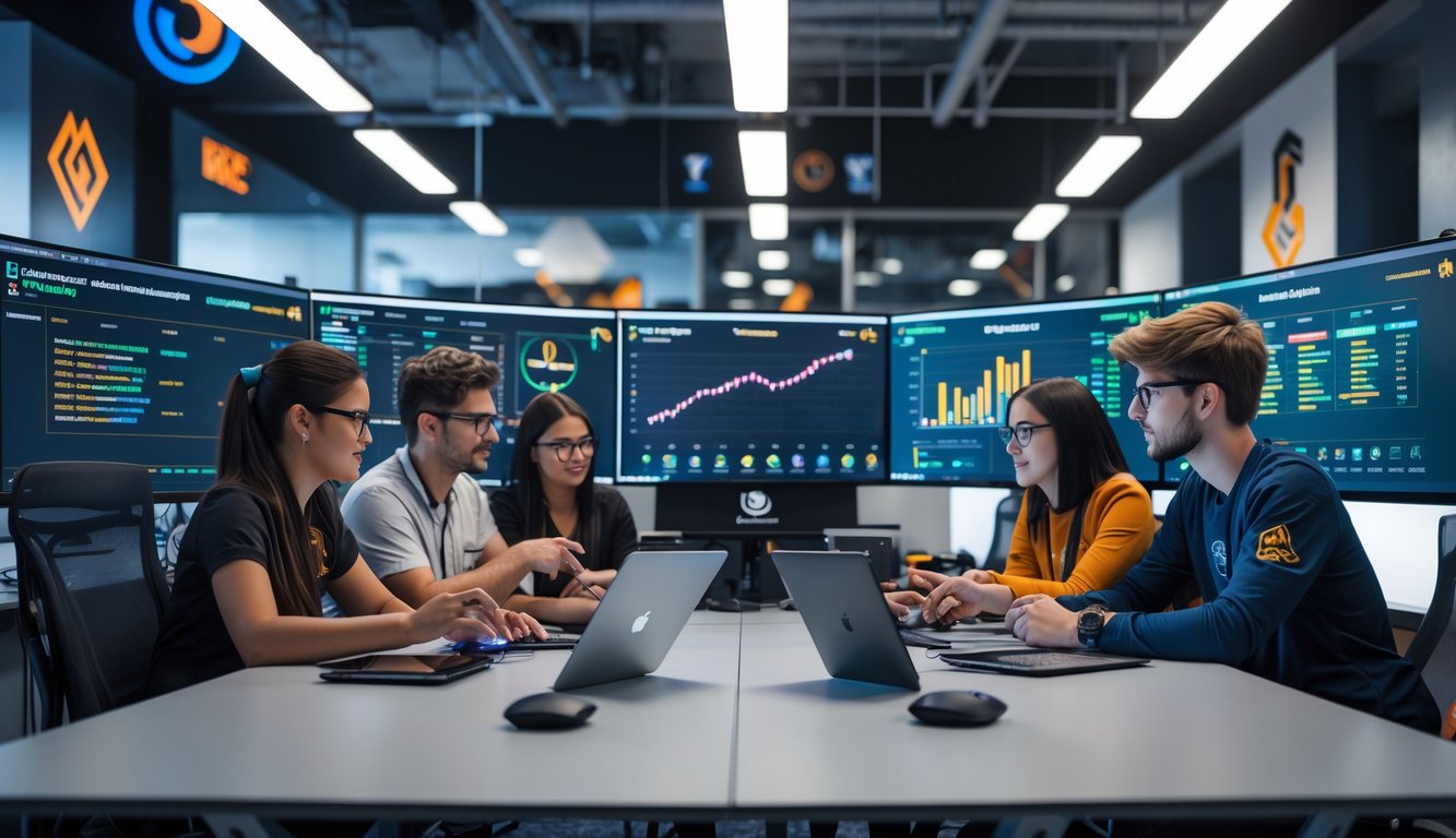 Tim profesional sedang menganalisis statistik esports PUBG di ruang kerja modern dengan layar komputer dan diskusi bersama.