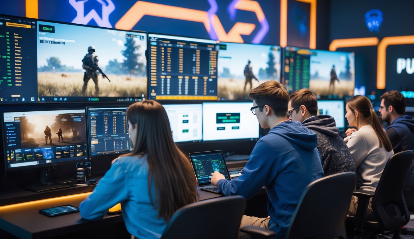 Sekelompok orang muda sedang menganalisis pasar taruhan esports PUBG menggunakan komputer dan perangkat digital dalam ruangan modern.
