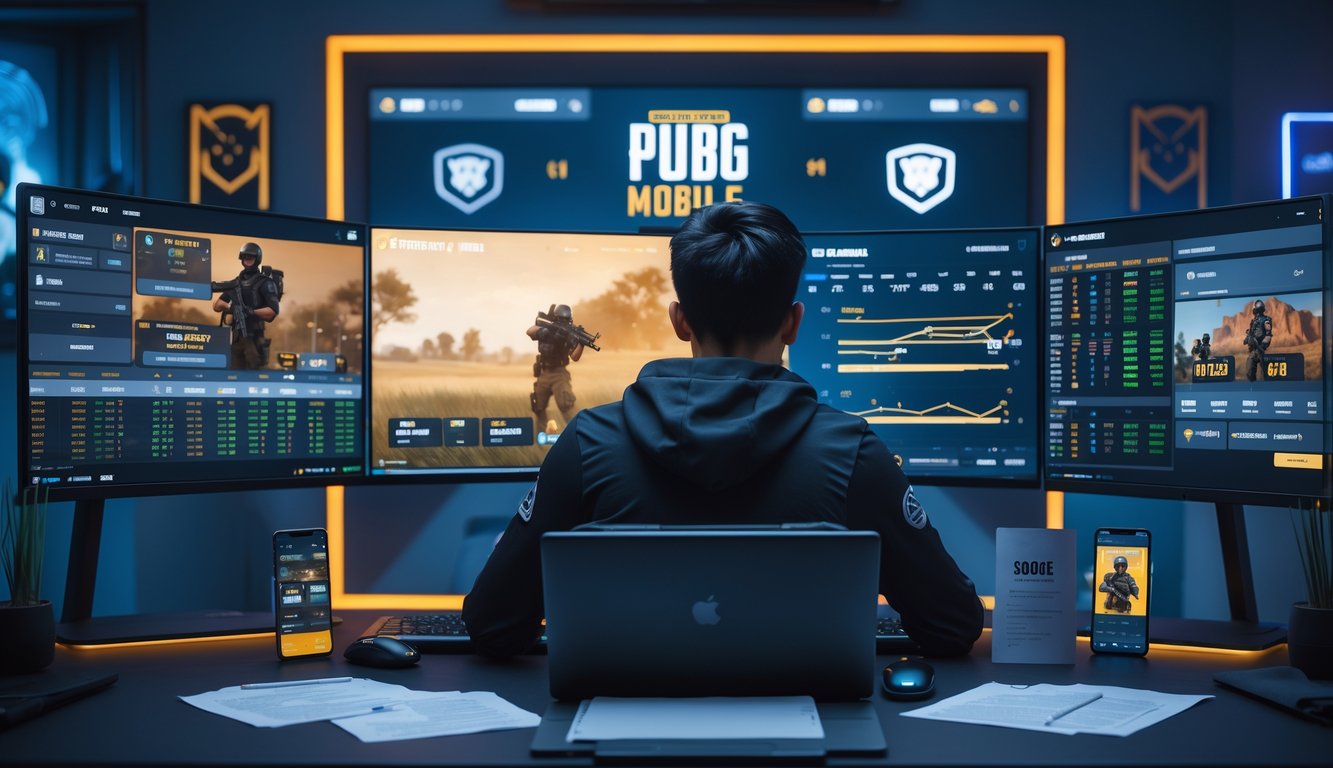 Seorang pria muda sedang fokus menganalisis layar komputer dan ponsel yang menampilkan permainan PUBG Mobile dan data taruhan di sebuah ruangan gaming.