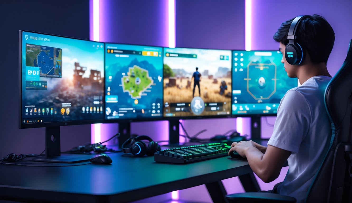 Seorang bettor esports fokus menganalisis permainan PUBG Mobile di beberapa monitor dalam ruang gaming modern.