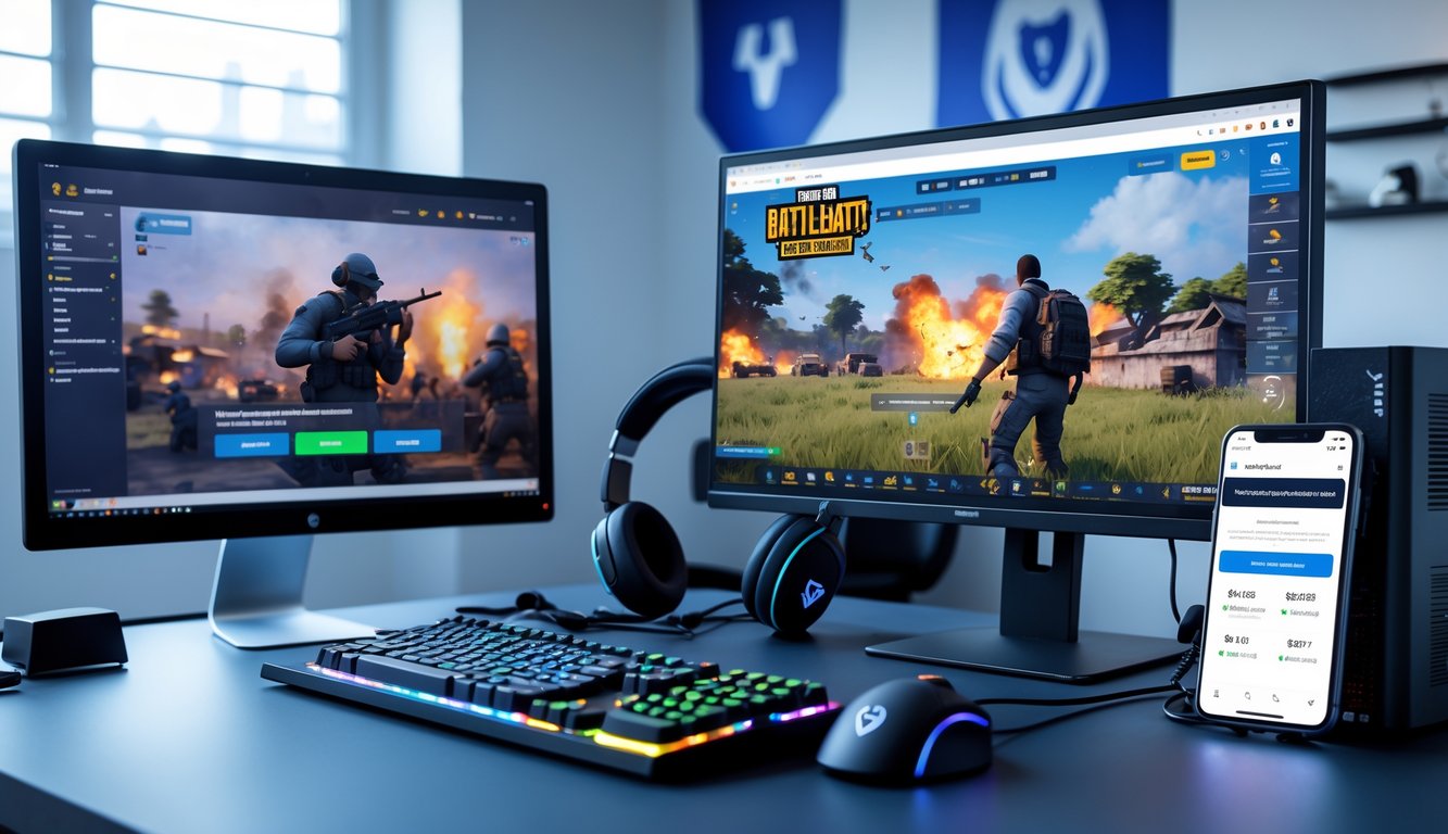 Sebuah setup gaming modern dengan komputer menampilkan permainan PUBG dan layar ponsel yang menunjukkan situs taruhan yang aman dan terpercaya.