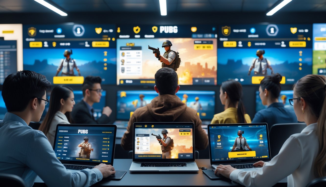 Sekelompok orang muda menggunakan laptop dan ponsel di ruangan dengan layar besar menampilkan permainan PUBG dan grafik taruhan.