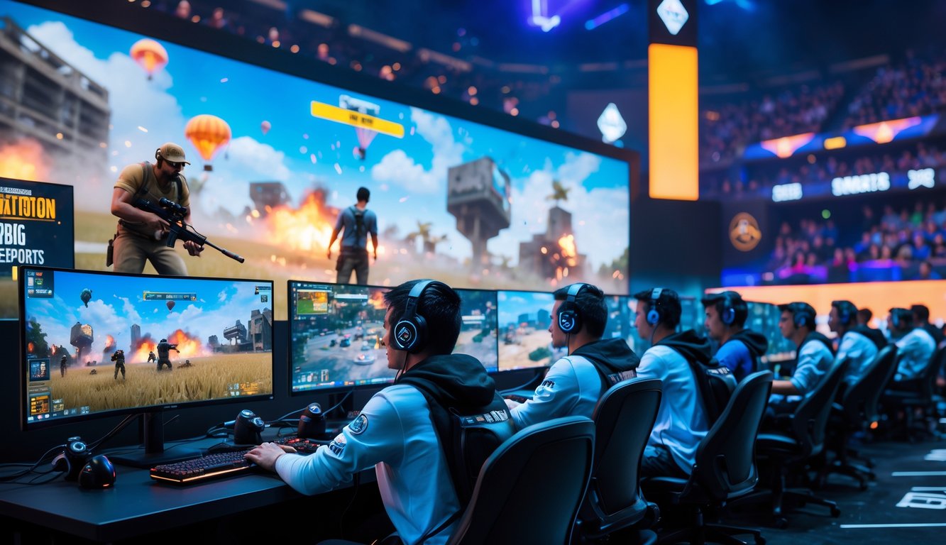 Sekelompok pemain esports sedang bermain PUBG di turnamen internasional dengan layar besar menampilkan permainan di latar belakang.