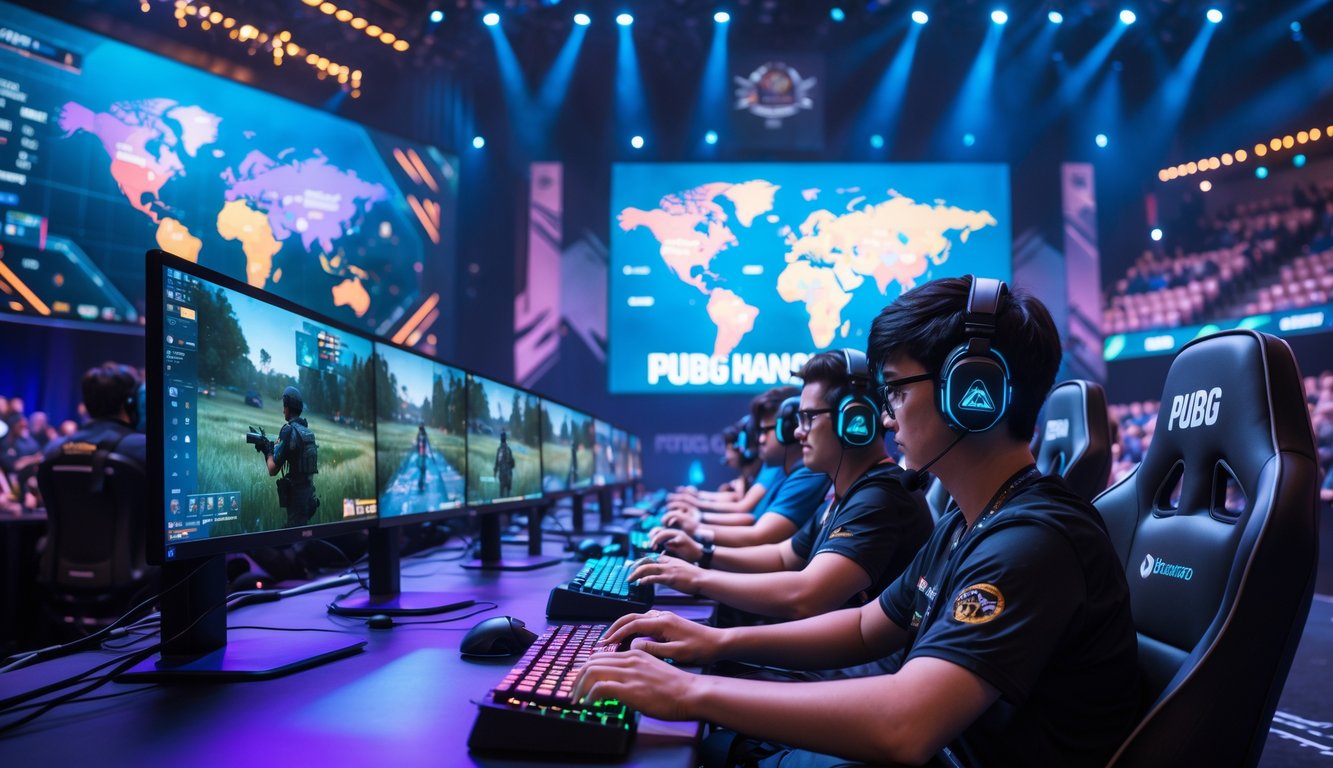 Sekelompok pemain esports fokus bermain PUBG di turnamen internasional dengan layar besar dan penonton di latar belakang.