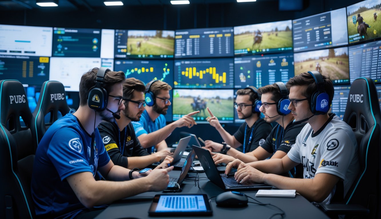 Sekelompok analis dan pemain esports sedang berdiskusi dan menganalisis permainan PUBG di ruang gaming dengan beberapa monitor besar yang menampilkan rekaman permainan dan statistik.