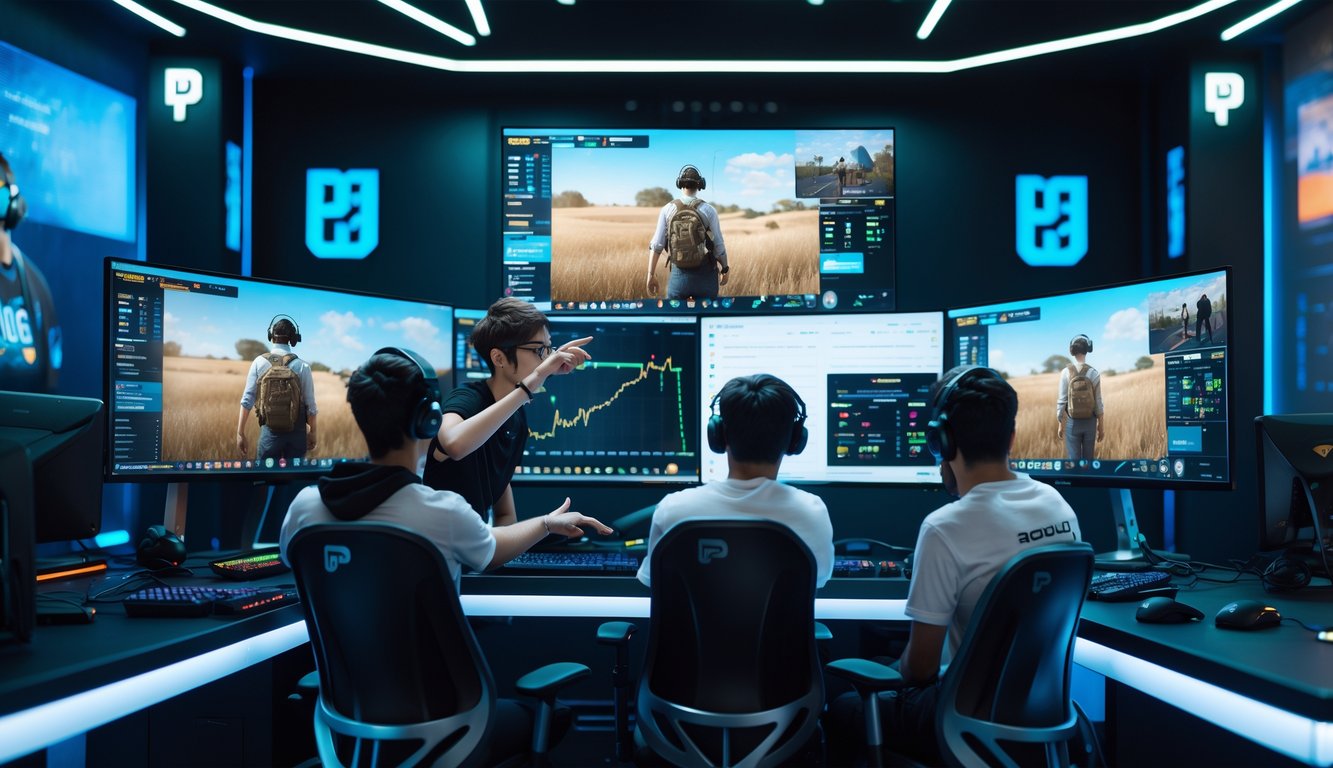 Sekelompok analis dan pemain esports sedang berdiskusi di depan beberapa monitor yang menampilkan permainan PUBG dan data statistik.