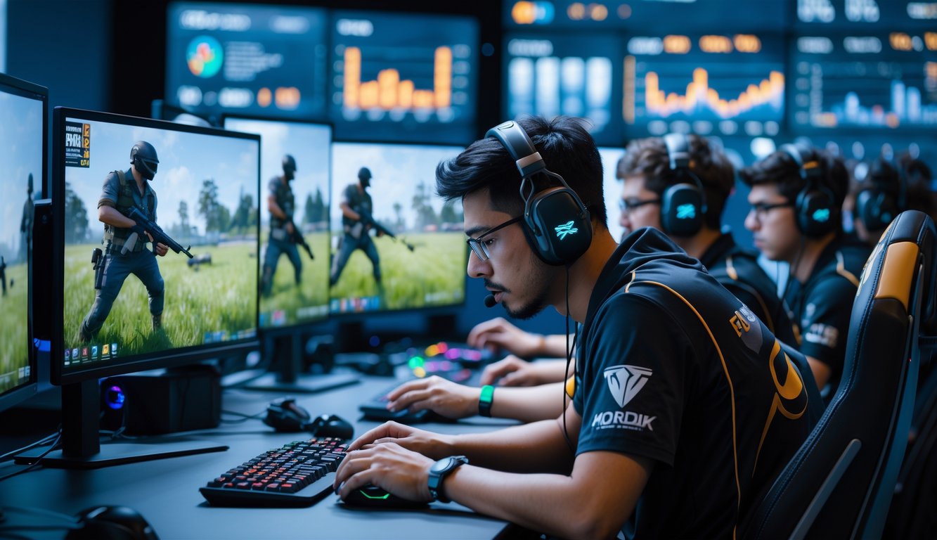 Seorang analis esports fokus melihat rekaman gameplay PUBG di studio gaming dengan tim pemain yang berdiskusi dan bekerja sama.