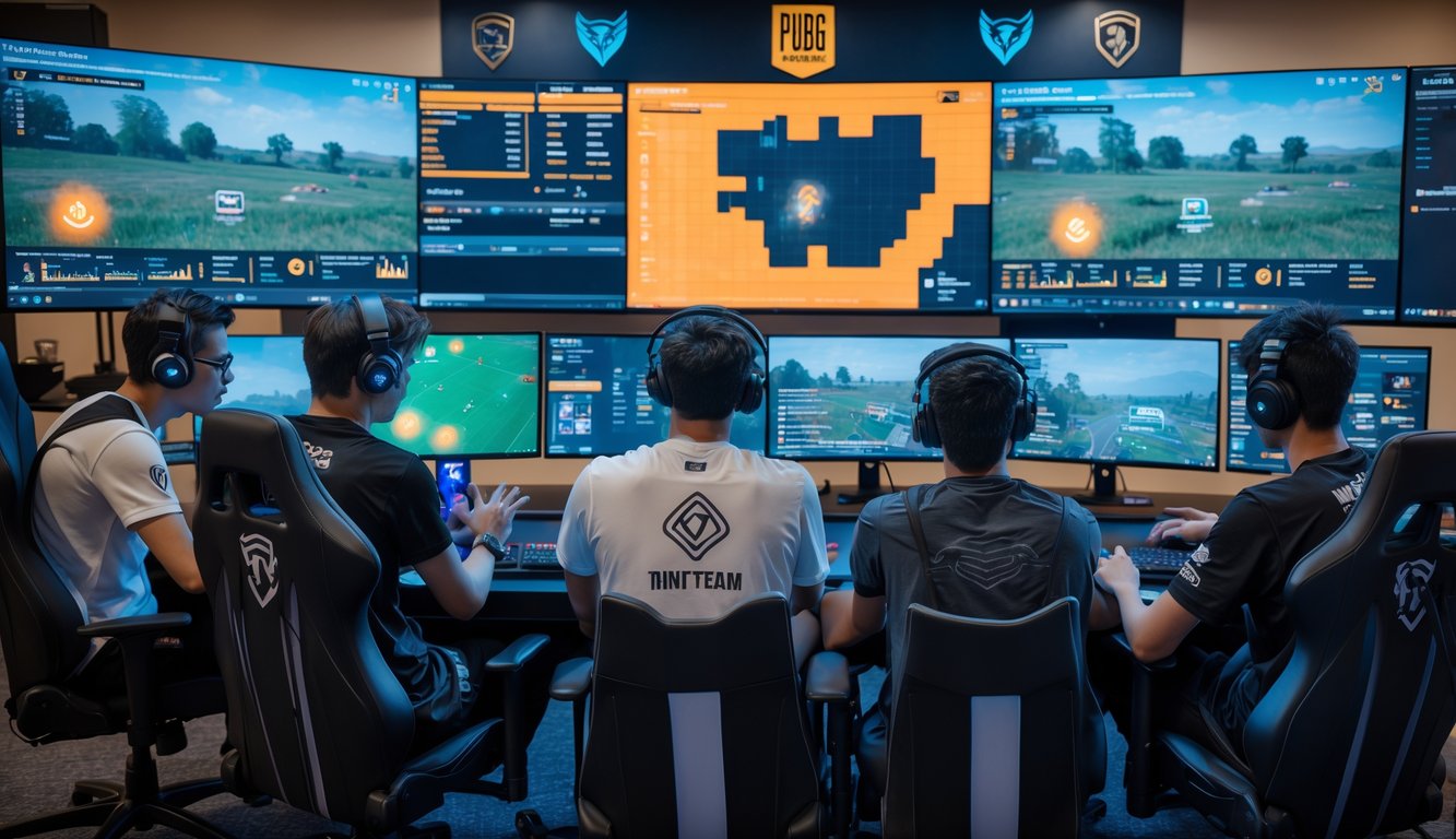 Sekelompok pemain esports sedang menganalisis gameplay tim PUBG dengan monitor besar dan peralatan gaming di ruangan yang modern.