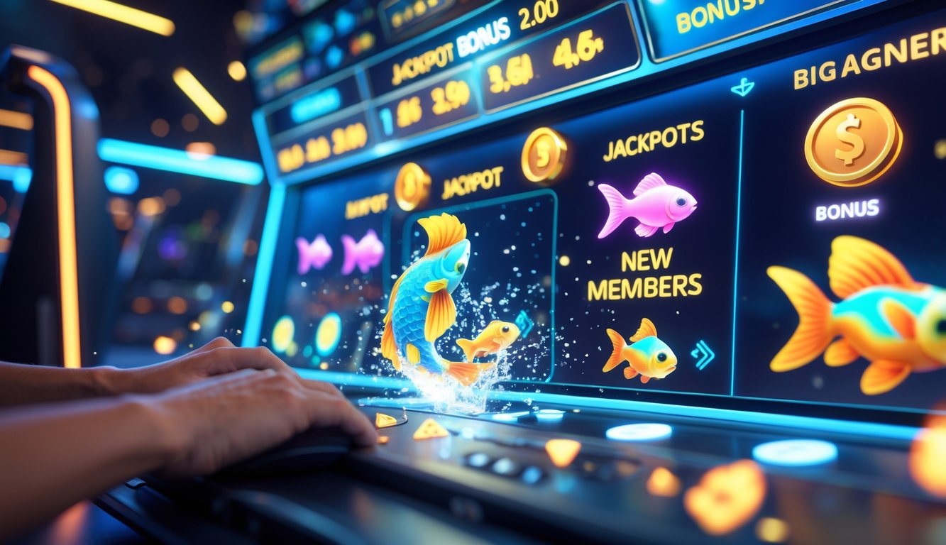Seseorang sedang bermain game tembak ikan online dengan tampilan layar penuh ikan berwarna-warni dan ikon jackpot yang menyala.