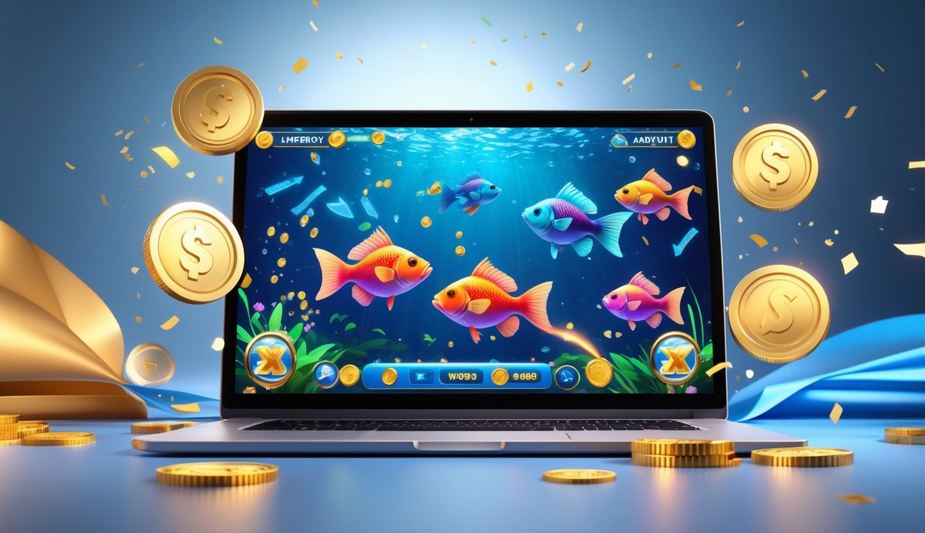 Seorang pemain sedang bermain permainan tembak ikan di komputer dengan latar belakang ikan berwarna-warni dan efek kemenangan.