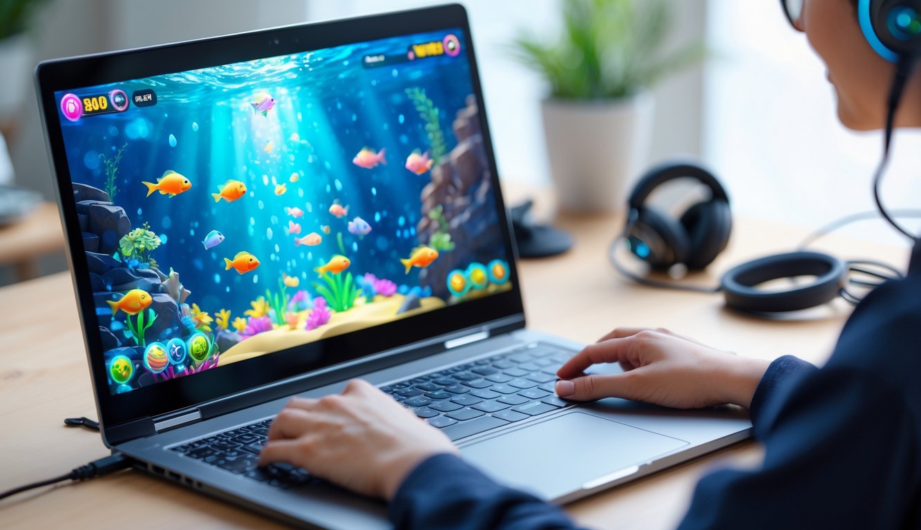 Seseorang sedang bermain permainan tembak ikan di komputer dengan latar belakang grafis bawah laut yang berwarna-warni.